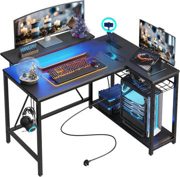 42-Inch L-Shaped Computer Desk with Charging & LED, Black | Charging 2AC+USB+Type-C, RGB LED Strip, Reversible