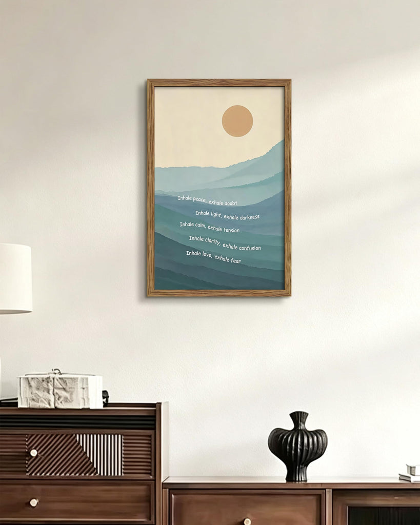 Framed Mindfulness Wall Art, Inhale Exhale Quote Canvas Print Poster, Minimalist Mountain Landscape Painting, Zen