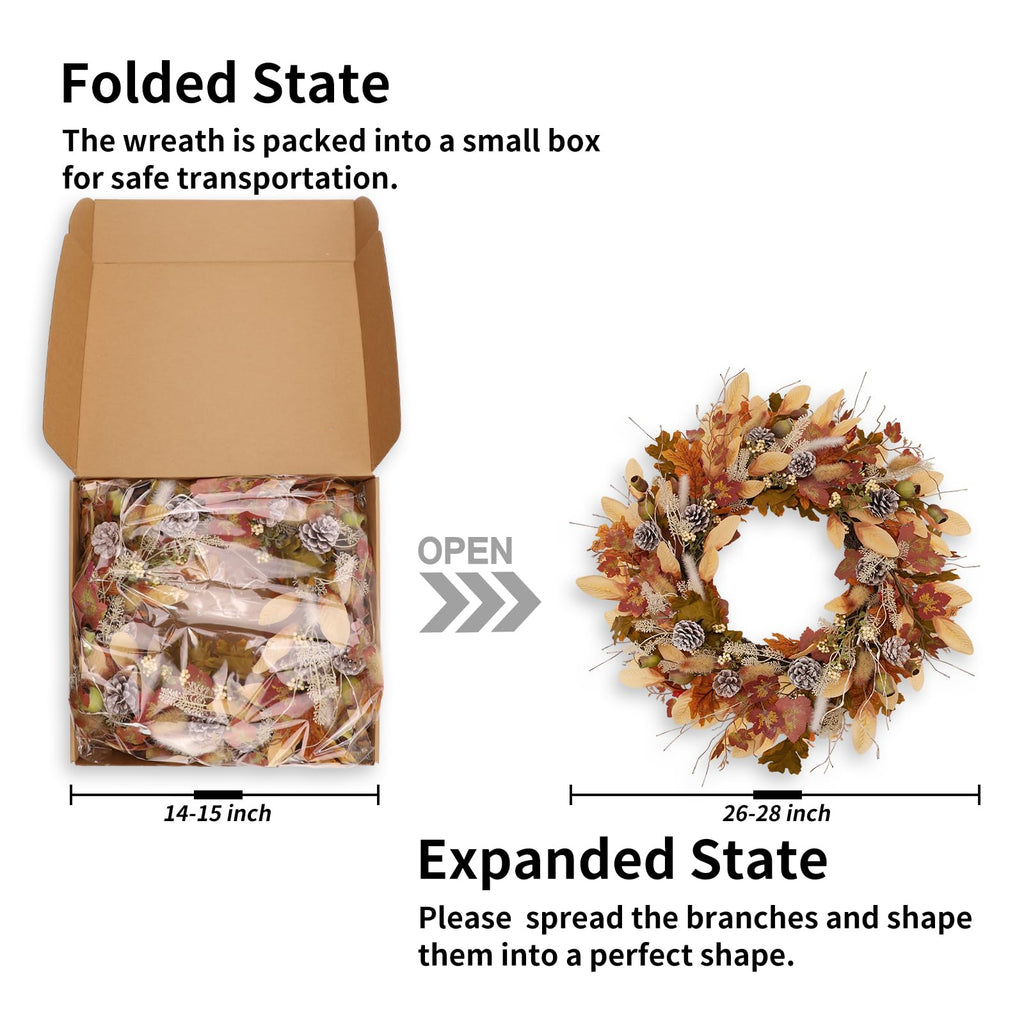 24 Inch Woodland Fall Wreath, Rustic Farmhouse Autumn Wreath with Frosted Pinecones, Bunny Tail Grass, Acorns &