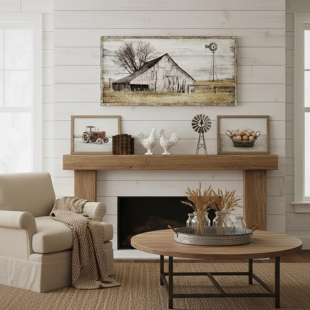 Barn Framed Wall Art Farmhouse: Rustic Farm Wood Picture Decor Large Windmill Country Scene Painting Horizontal