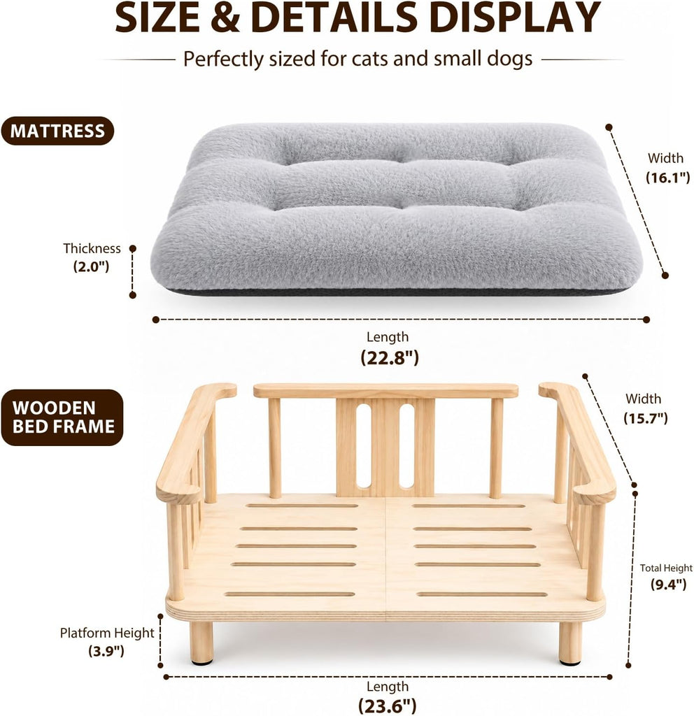 Elevated Cat Couch & Dog Sofa, Solid Wood Raised Pet Bed with Machine Washable Plush Mattress, Indoor Cat Furniture
