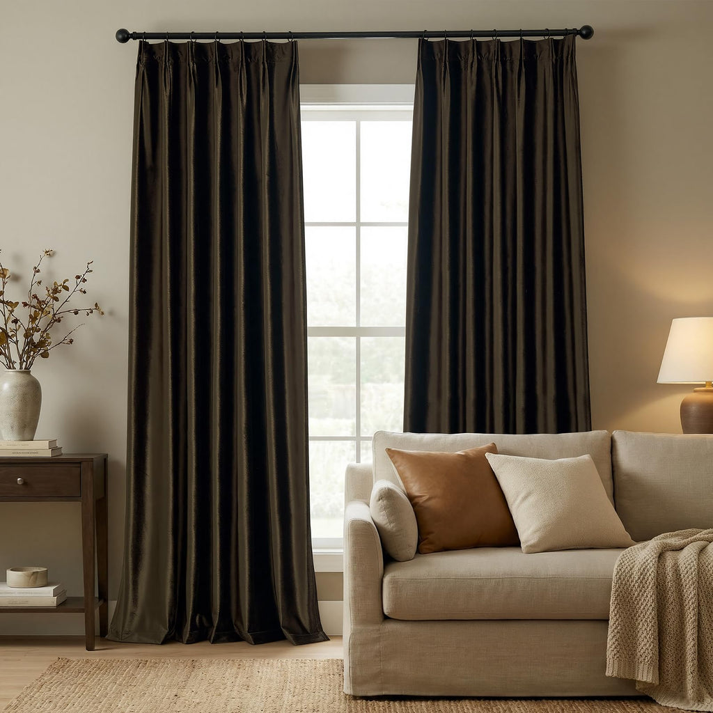 Brown Velvet Pinch Pleated Curtains: Living Room 108 Inches Long 2 Panels Set Luxury Darkening Thermal Insulated
