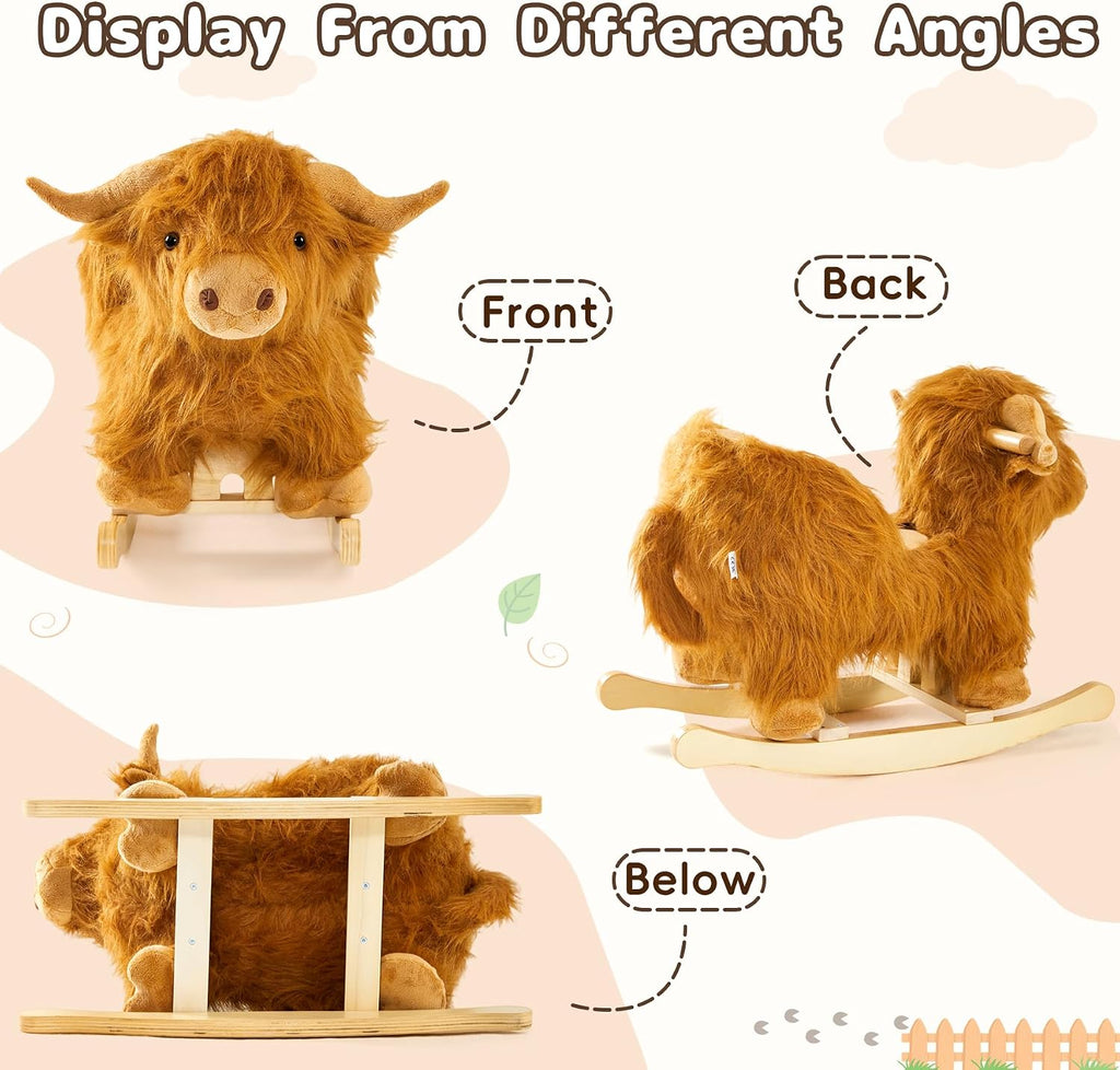 Baby Rocking Horse,Highlander Cattle Wooden Rocking Horse for Toddlers 1 Year Old Cute Cow Stuffed Plush Ride-on Toy