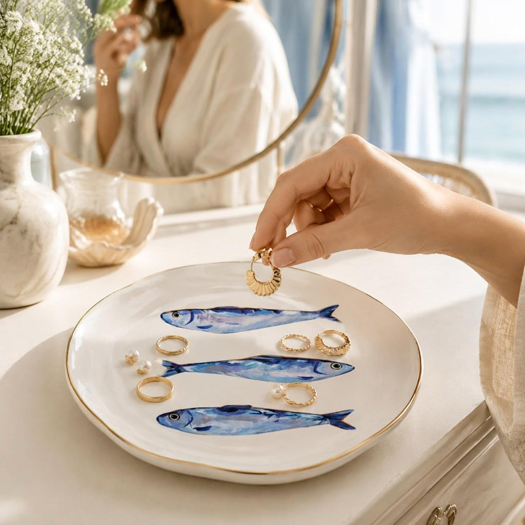 Sardines Ceramic Jewelry Tray with Gold Rim Small Decorative Trinket Dish Ocean Fish Key Tray for Rings Earrings