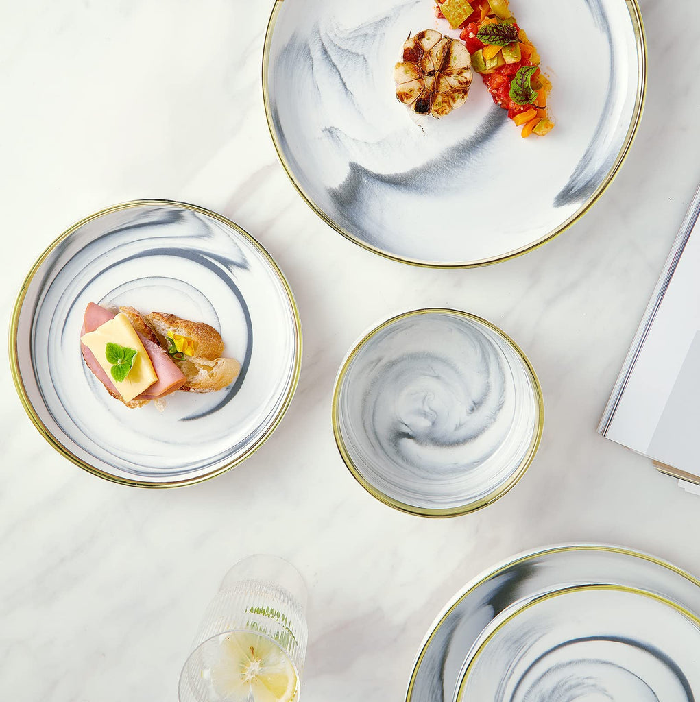 Marble Gold Rim Dinnerware Sets, Porcelain Plates and Bowls Sets