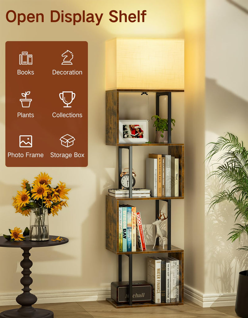 Floor Lamp with Shelves & Remote, Dimmable S-Shaped Bookshelf with 3 Color Temperature, 1-Hour Timer, Tall