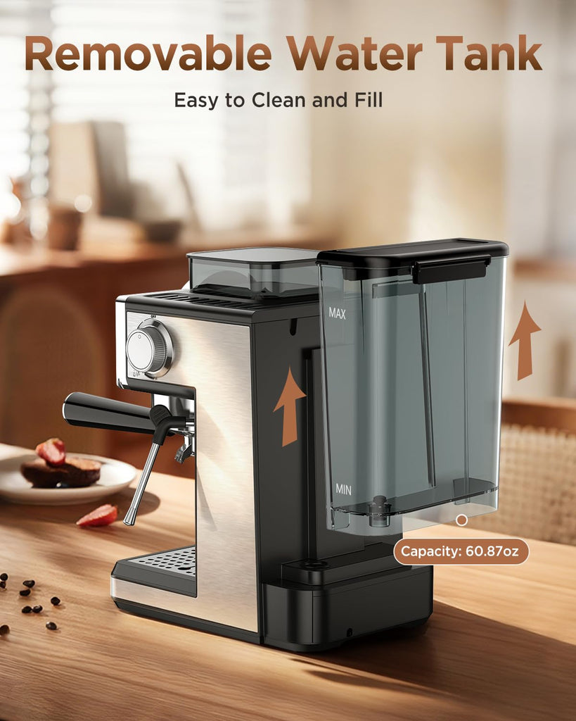 Espresso Machine with Grinder and Frother, 30 Grind Settings, 20 Bar