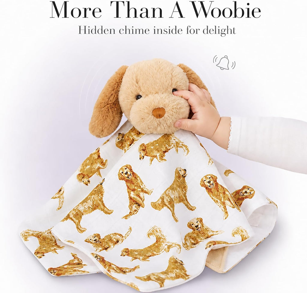Golden Retriever Woobie Lovey Blanket, Plush Baby Security Blanket with Chime Rattle and Minky Lining