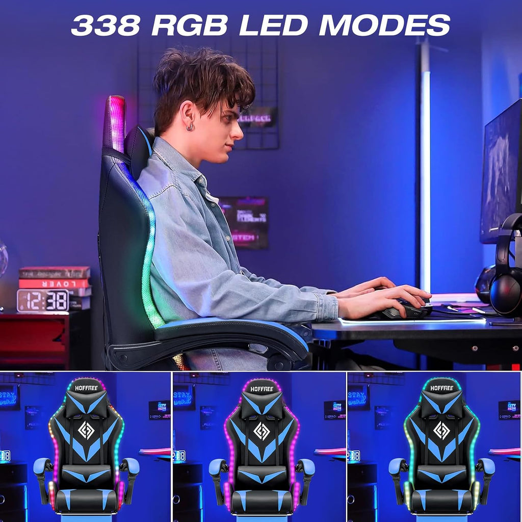 RGB Gaming Chair with Massage & Footrest Racing Style Computer Chair-Blue | Reclining Gamer Chair with LED Lights