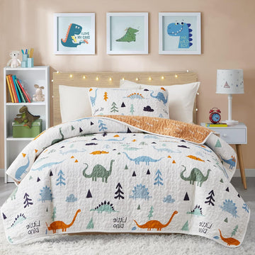 2-Piece Cotton Quilt Set Twin, Cute Dinosaur Reversible Design for Kids Boys Girls, Breathable Skin-friendly Quilt