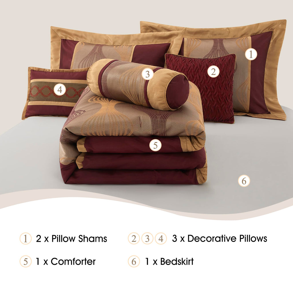 Wine Gold 7 Pieces Lightweight Microfiber Bed-in-a-Bag Comforter Bedding Set, Jacquard Queen Comforter Set, All