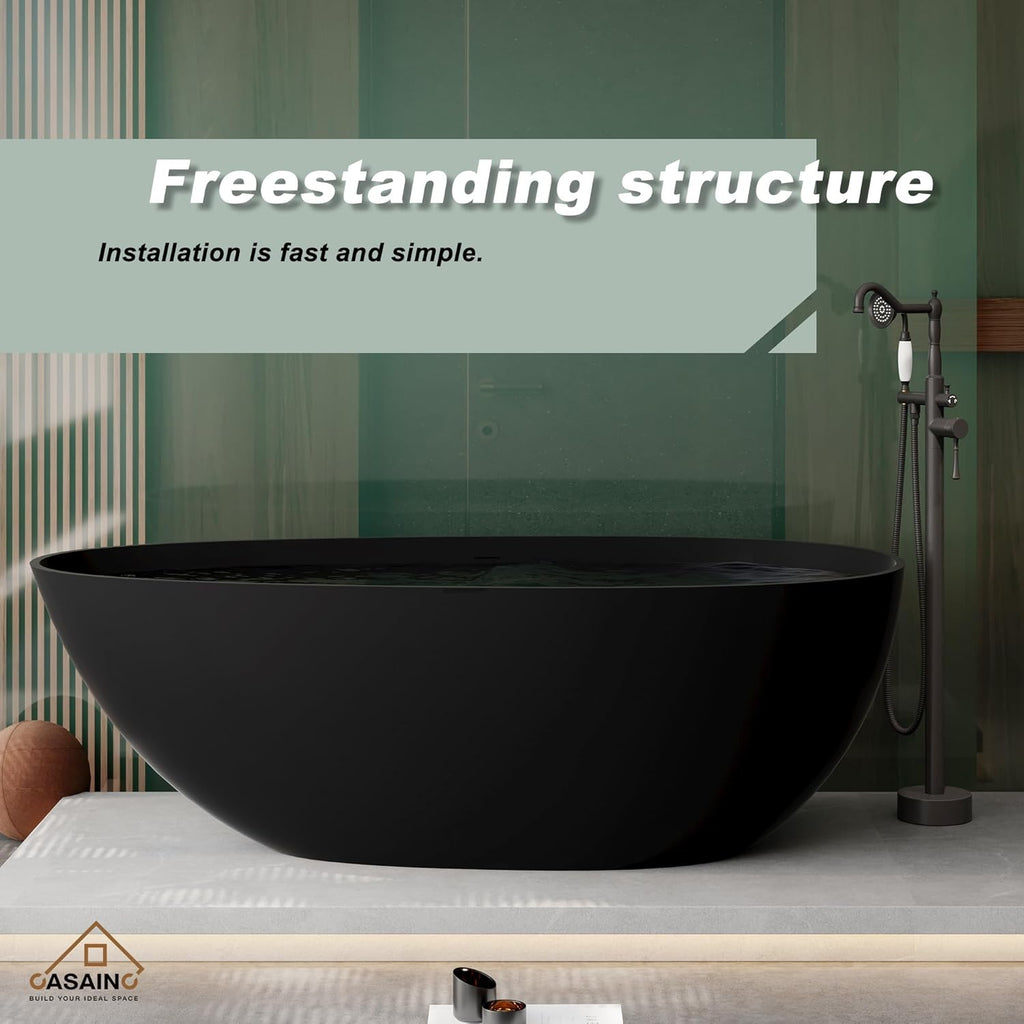67" Freestanding Bathtub Egg-Shaped Stone Resin Freestanding Tub Solid Surface Matte Black Stand-Alone Tub with Drain