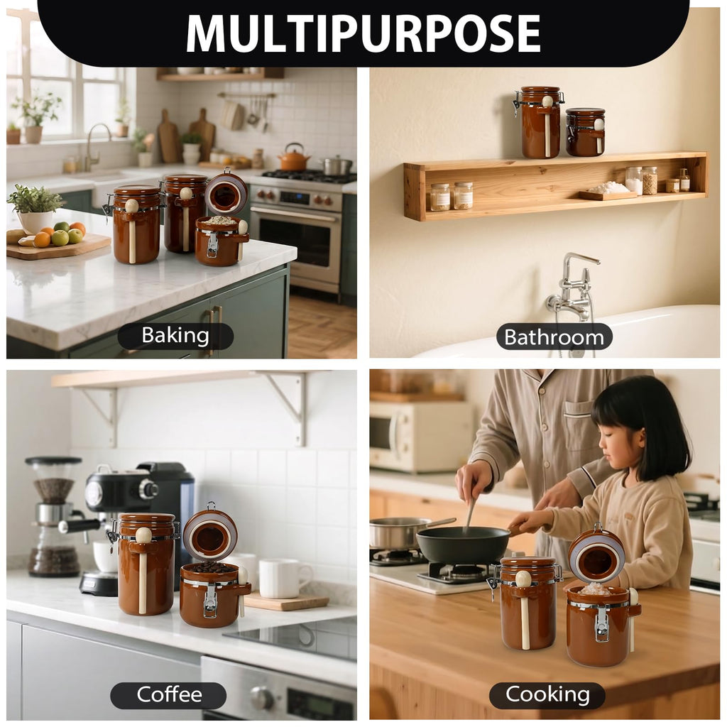 4 Piece Airtight Ceramic Canister Set With Attached Wooden Spoon Reusable Chalk Labels For Dry Goods Sugar Coffee Tea