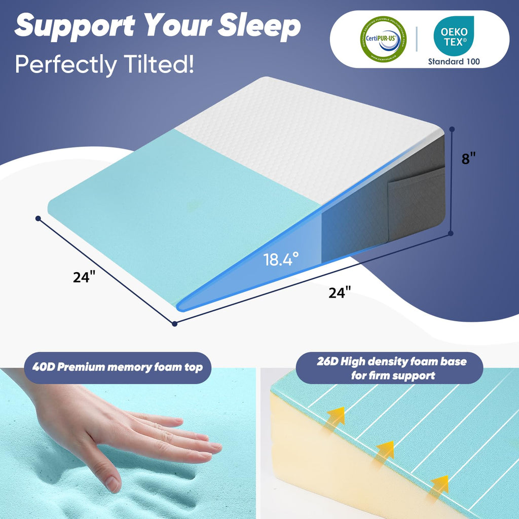 Bed Wedge Pillow for Sleeping & Resting, 8 inch Incline Pillow Wedge for Adults Seniors, Back Support and Leg