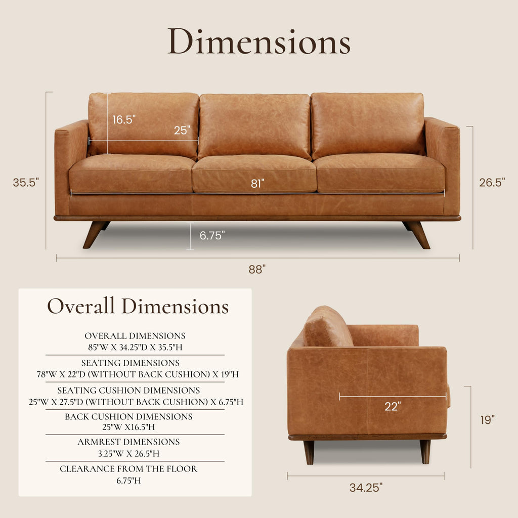 & BARK Nolita 85" Leather Sofa - Full-Grain Italian Aniline Leather, Feather-Down Comfort, Solid Wood Base - Cognac