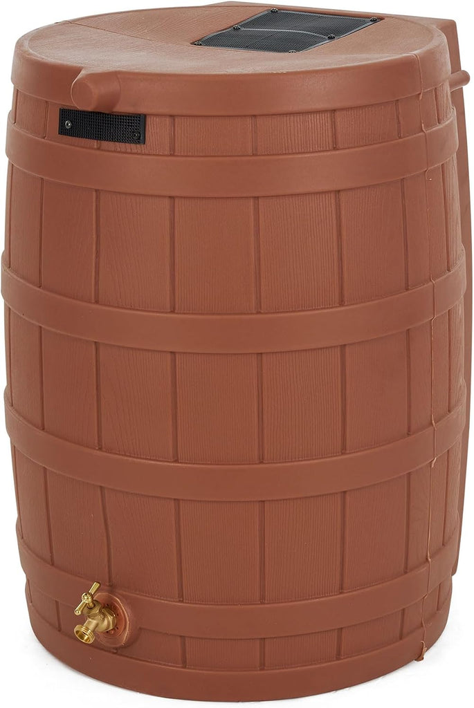 Rain Wizard Water Collection Barrel, 50 Gallon, Terra Cotta | 2 Pack, Faux Wood Design - Plastic Outdoor Home Rain