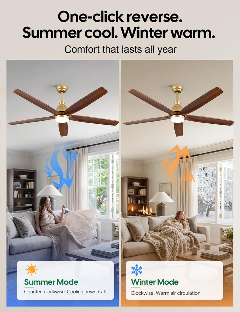 60 Inch Outdoor Ceiling Fan with Lights, Gold Brass Finish, 5 Solid Walnut Wood Blades, High CFM Quiet DC Motor