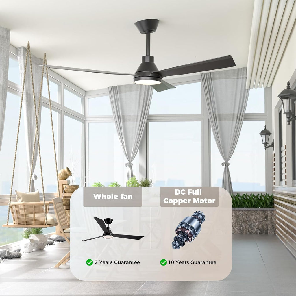 52 Inch Ceiling Fans with Lights and Remote, ETL Quiet Reversible DC Full Copper Motor, 2 Downrods, 3 CCT Dimmable, 6 Speeds Outdoor Ceiling Fans for Patios Porch Bedroom Living Room Black A101-B0DFVZYT54