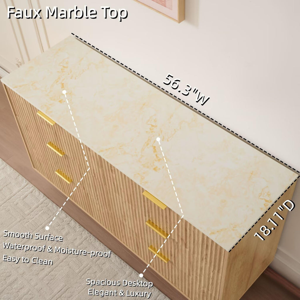 Faux Marble Top 56" Wide 6 Drawers Dresser with Gold Handle, Oak
