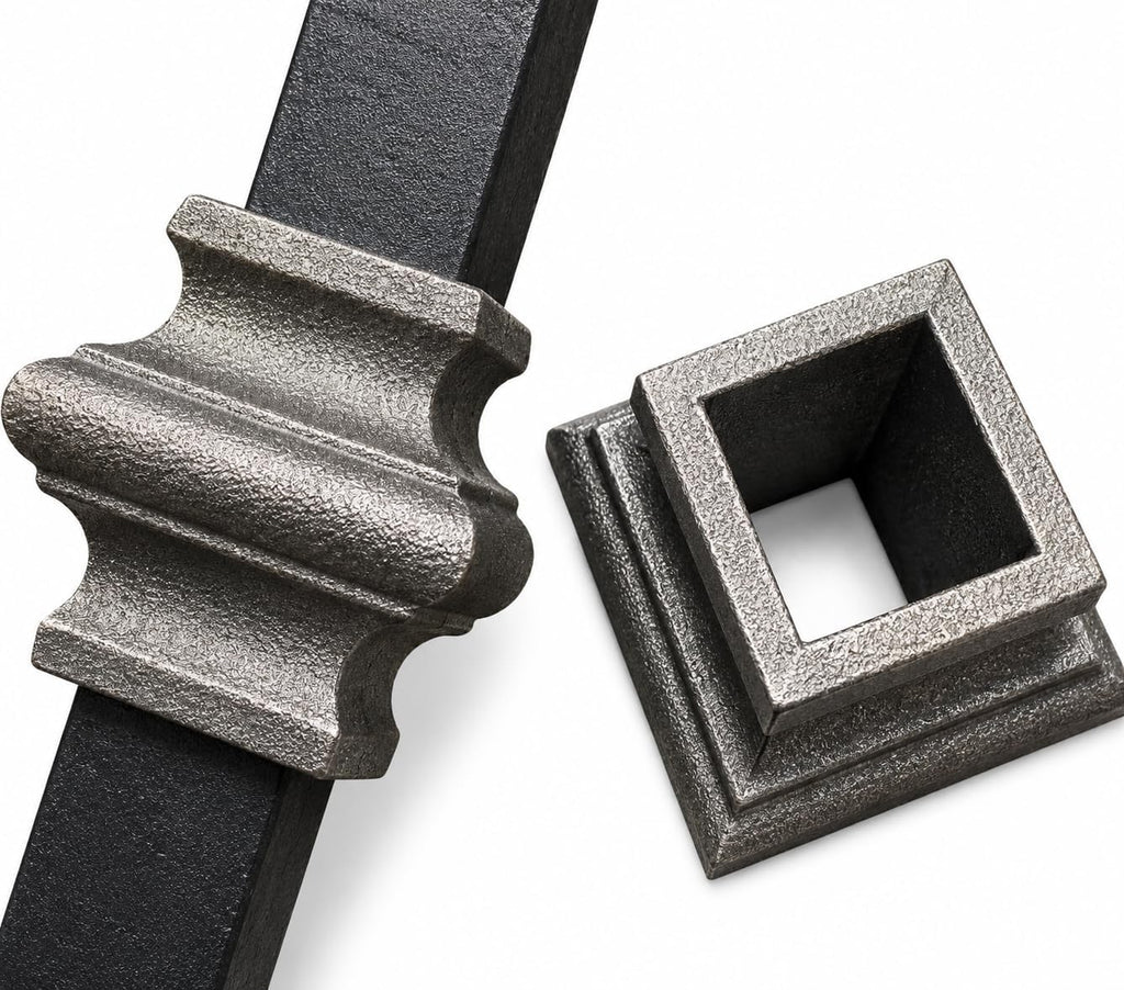 1" Inch, Cast Iron Square Baluster Collar Set, Decorative Gate Railing Hardware, Silver Gray, 10 Pack with Mounting