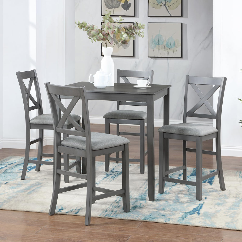 5-Piece Solid Wood Table Set for 4, Farmhouse Counter Height Kitchen Dining Table Set with 4 Upholstered Chairs Bar