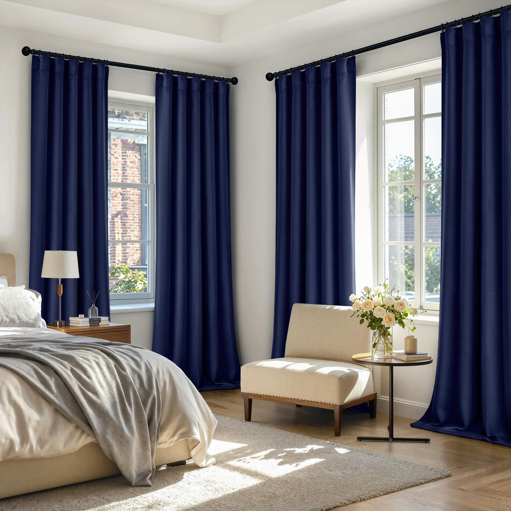 Navy Blue Pinch Pleat Blackout Curtains 40x84 Inch Length 2 Panels