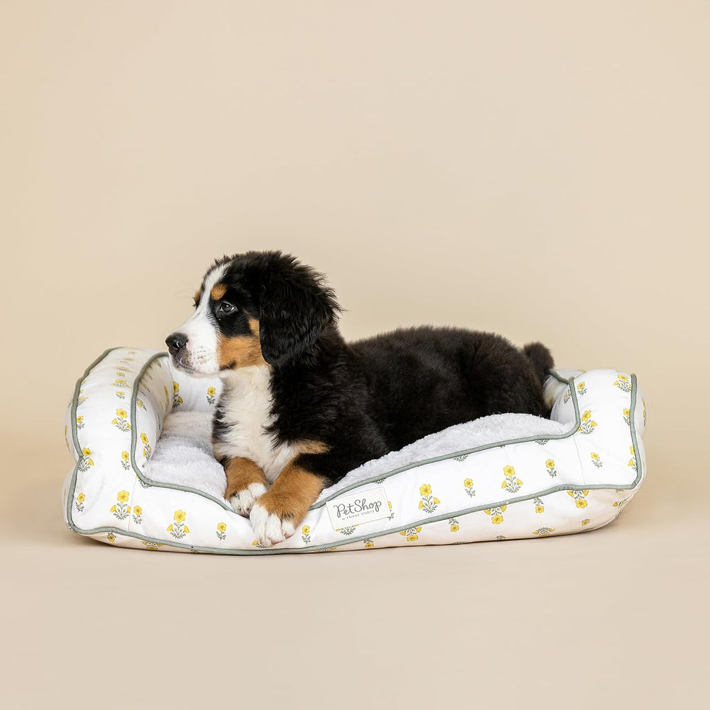 Dog Bed Block Print Marigold, Medium 28 x 21 Inch Couch Bed for Dogs, Three Sided Bolster Sofa, PetShop Collection