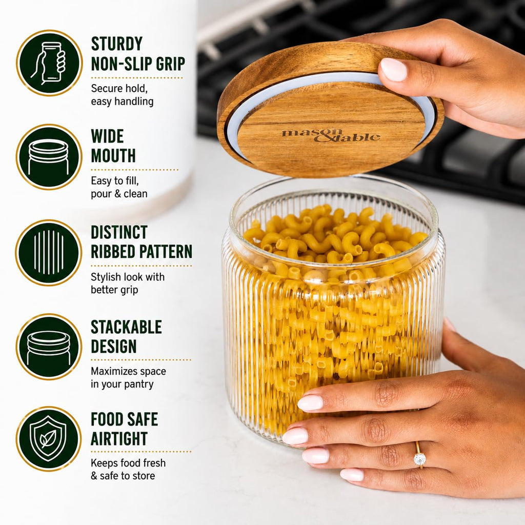 Ribbed Glass Jar, Stackable & Airtight Wooden Lid- Storage Canister for Cereal, Pasta, Rice/Flour - High End Look