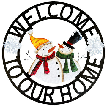 Welcome to Our Home Rustic Metal Snowmen Hanging Welcome Signs Wall Decor Front Door Wreaths Garden Fence Patio Porch