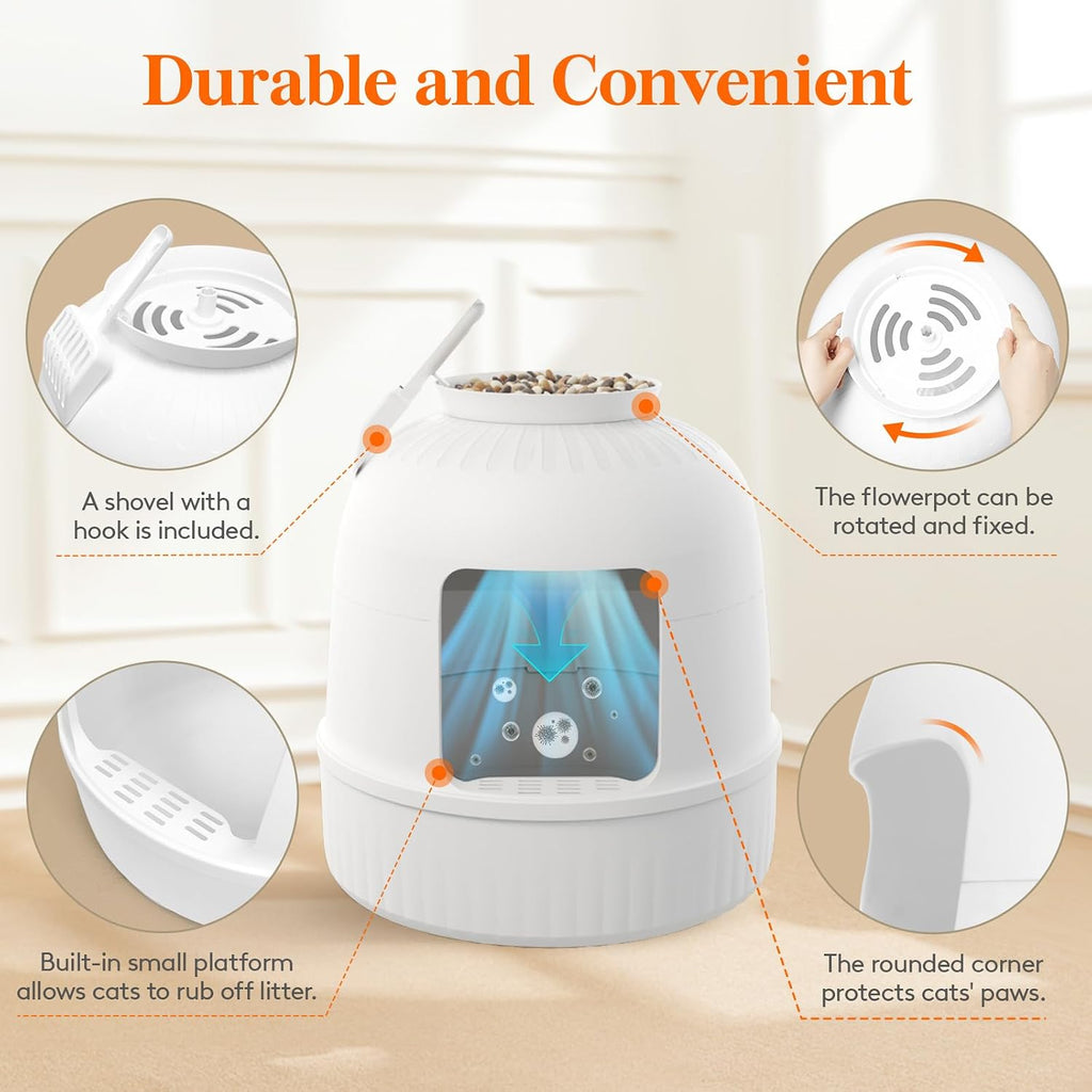 Hidden Plant Cat Litter Box with Plastic Scoop, White