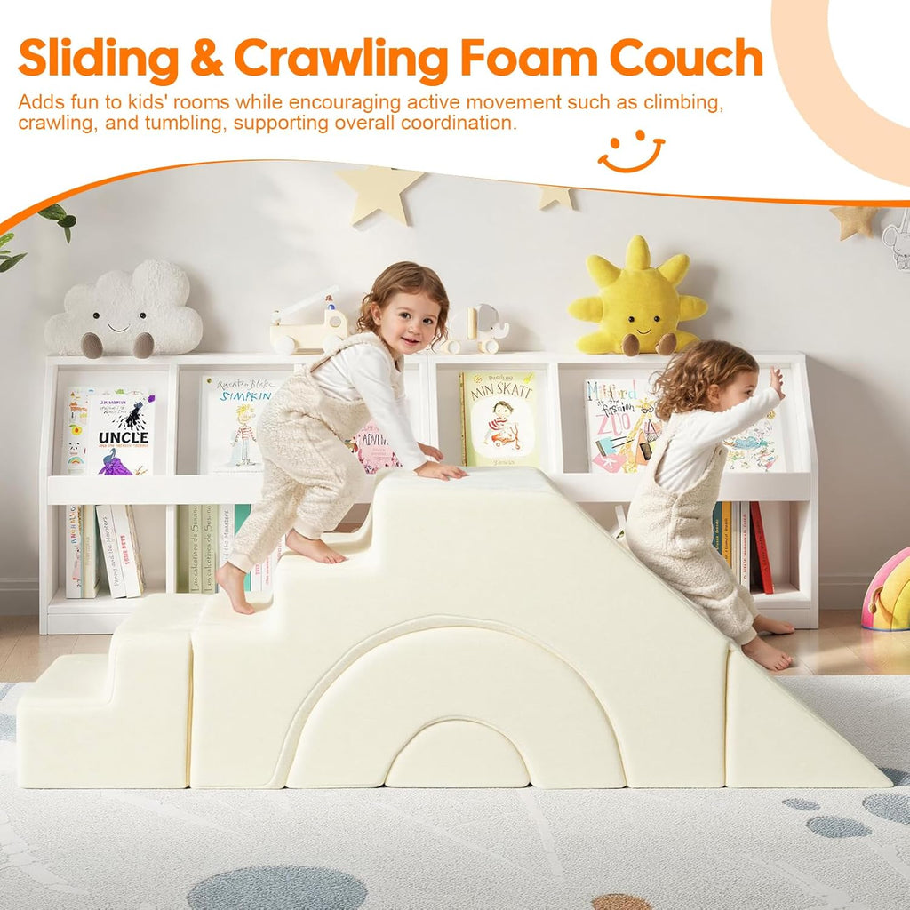 Kids Climbing Sofa with Slide & Stair, Foam Couch, Beige