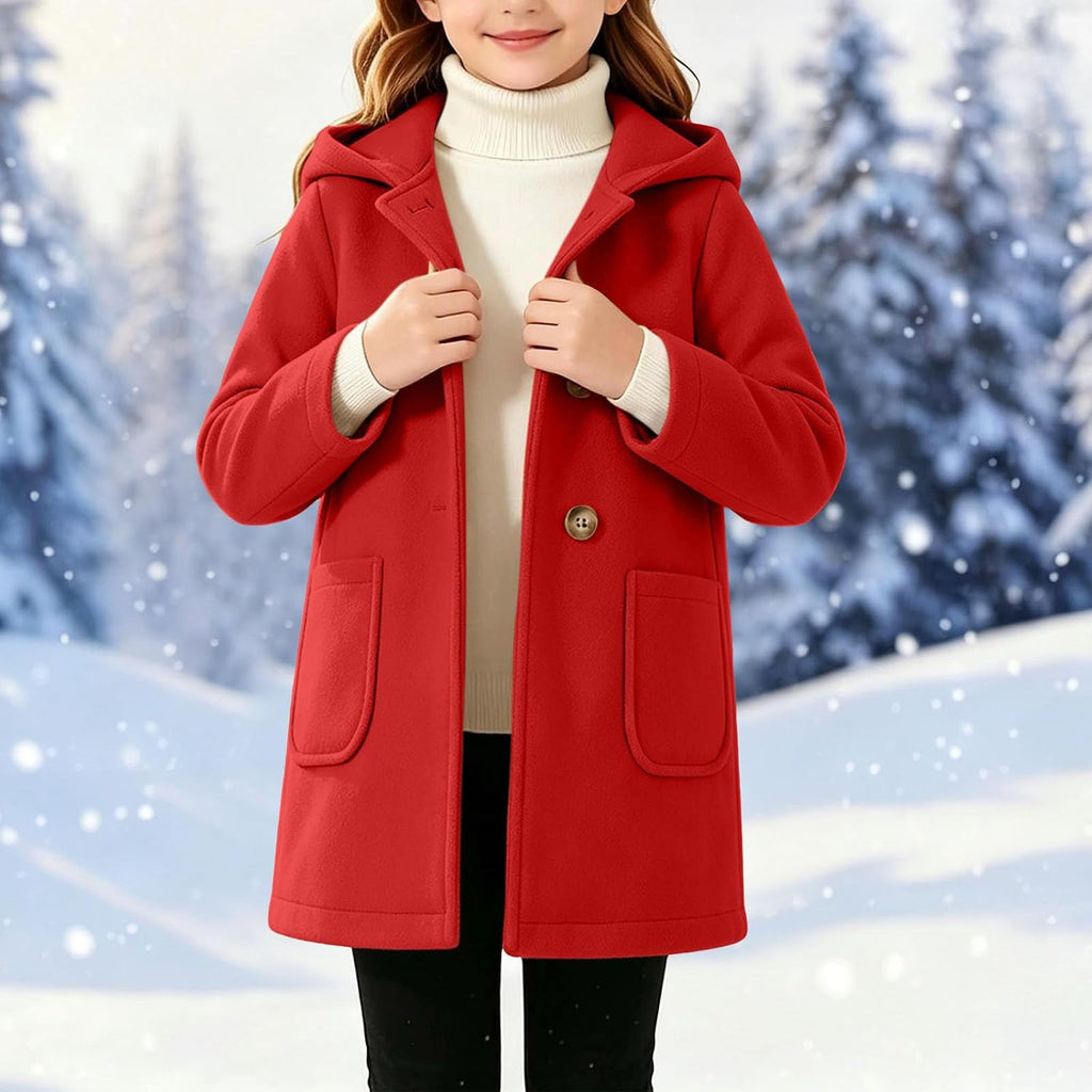 Girls Wool Trench Coat Teens Button Front Outerwear with Pockets