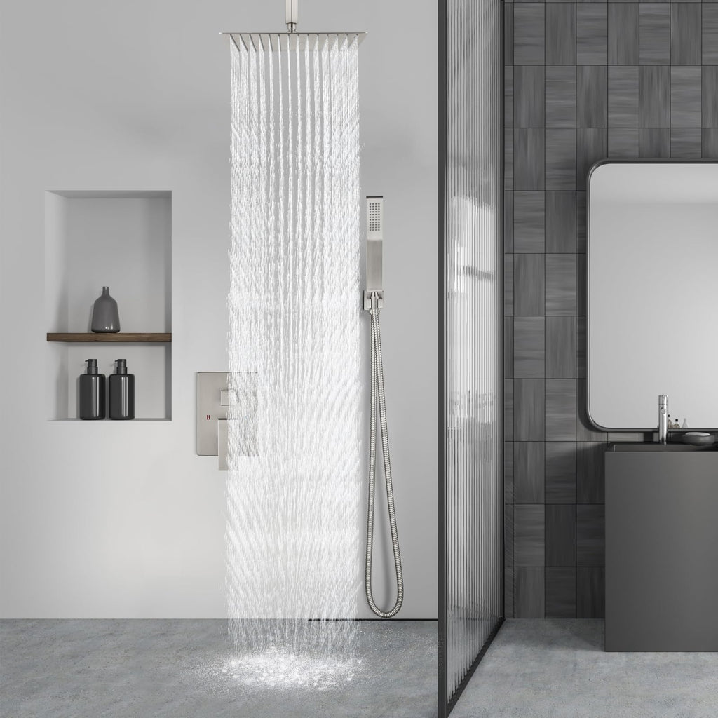 Ceiling Shower Faucet with Handheld 12 Inch Head Brushed Nickel