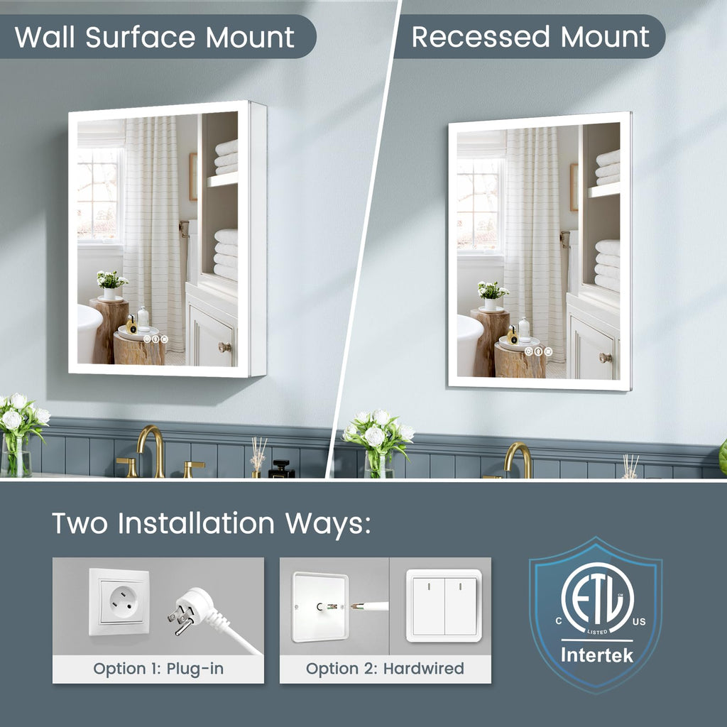 24x30 Inch Lighted Medicine Cabinet with Mirror, AL Alloy Frame, Plug-in or Hardwired, Recessed or Surface Mount, 3