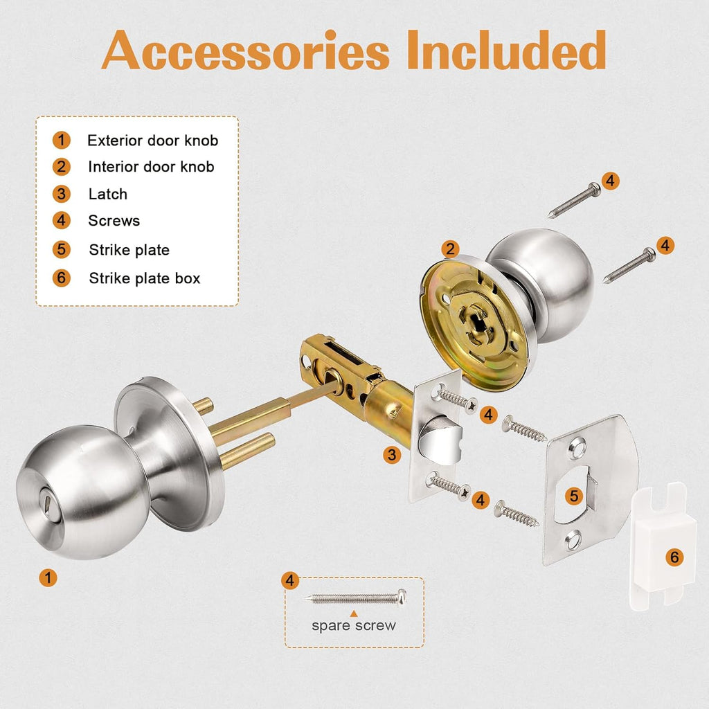 Privacy Interior Door Knobs Stainless Steel, Keyless Door Locks Bathroom, Brushed Nickel, 10 Pack