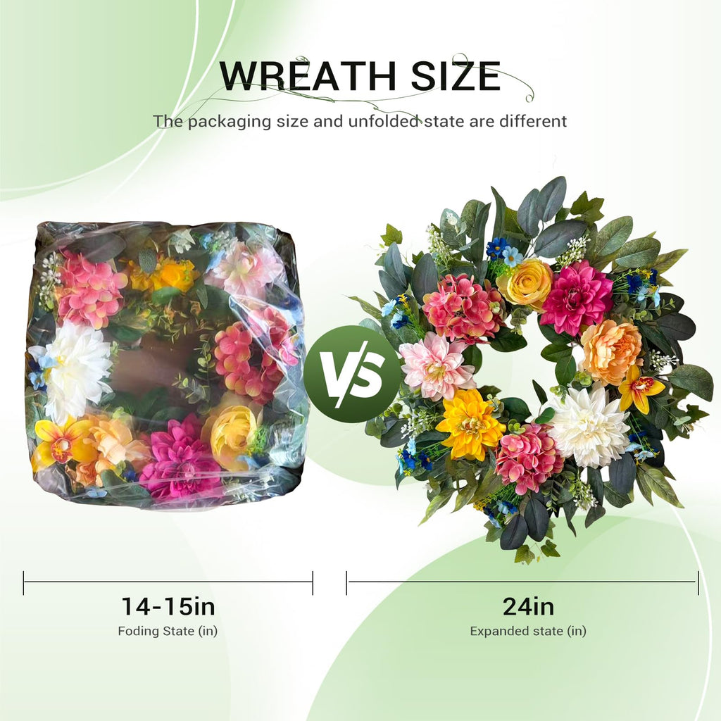 24 Inch Spring Wreaths for Front Door, Spring Wreaths, Spring Summer Door Wreaths with Yellow and Pink Dahlia Hydrangea