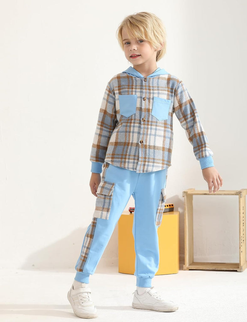 Boys 3 Piece Outfit Set,Flannel plaid shirt hoodie+ Plaid Patch Cargo Jogger Pants Toddler Little Clothes