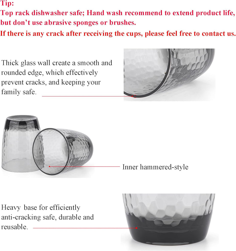 Hammered 15-ounce and 26-ounce Plastic Tumbler Acrylic Glasses, set of 8 Smoky Grey