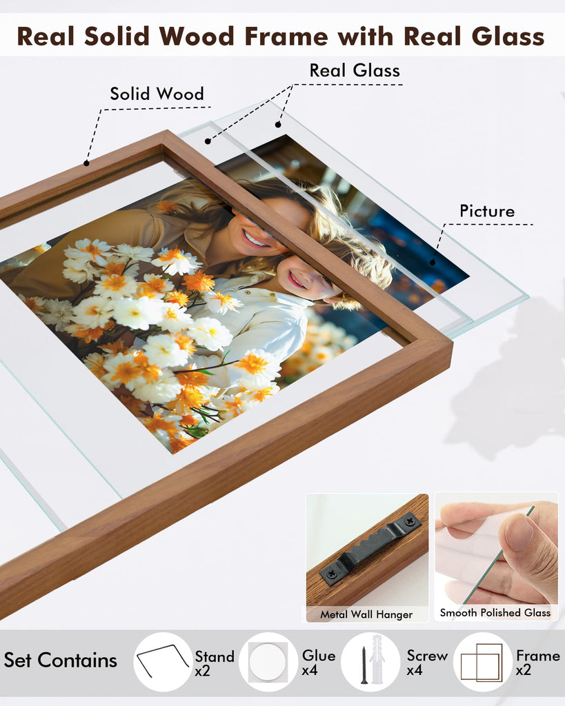 8x10 Floating Photo Picture Frame, Floating Display 6x8, 5x7, or Full Display 8x10 Photos, Solid Wood, Double Glass, 2