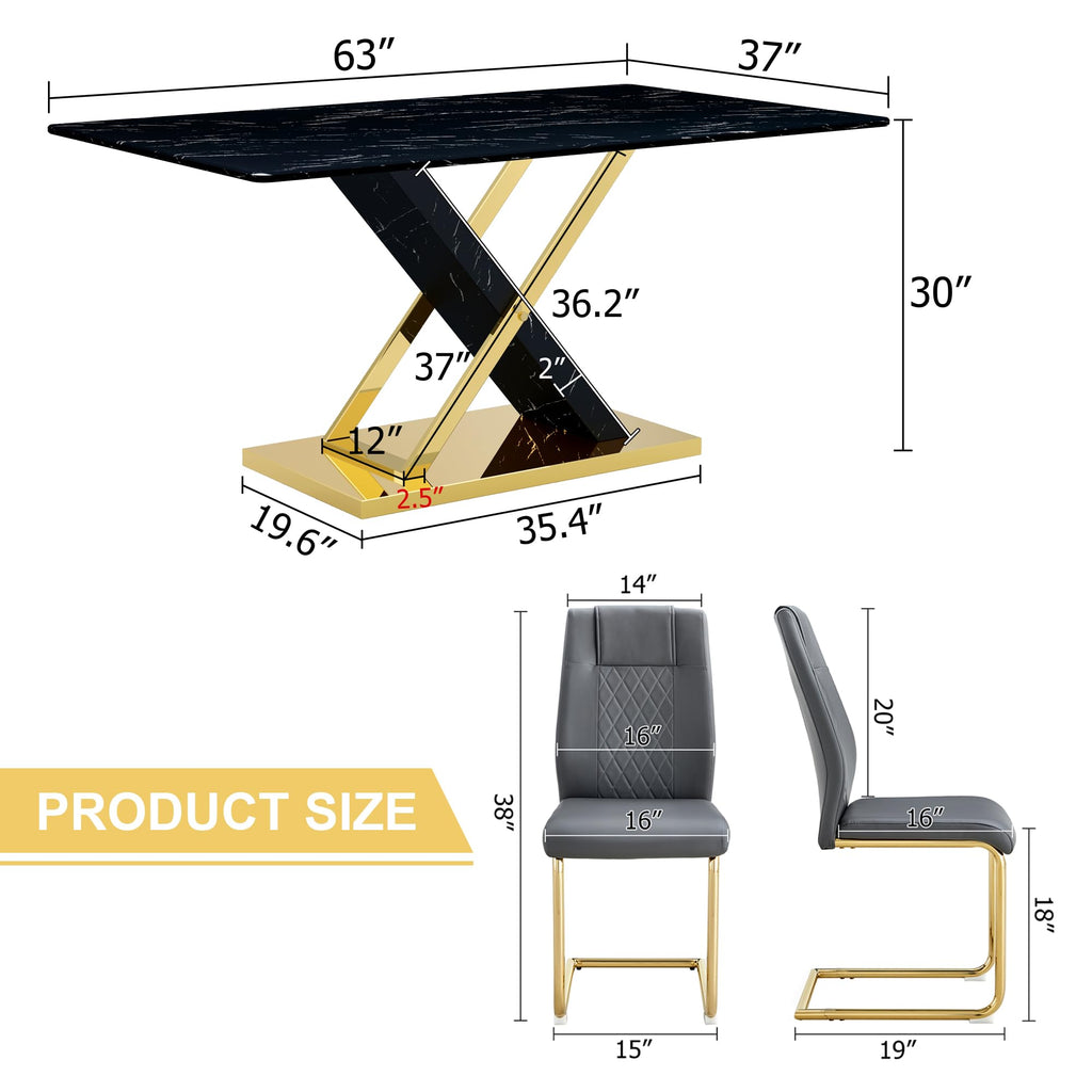 Marble Dining Table Set for 6, 63 in Black Rectangular Table with Gold X-Shaped Frame and 6 Grey Leather Dining