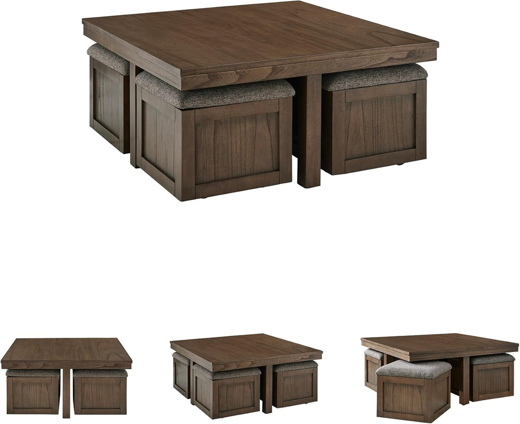 Boardernest Casual Coffee Table with 4 Storage Stools, Dark Brown