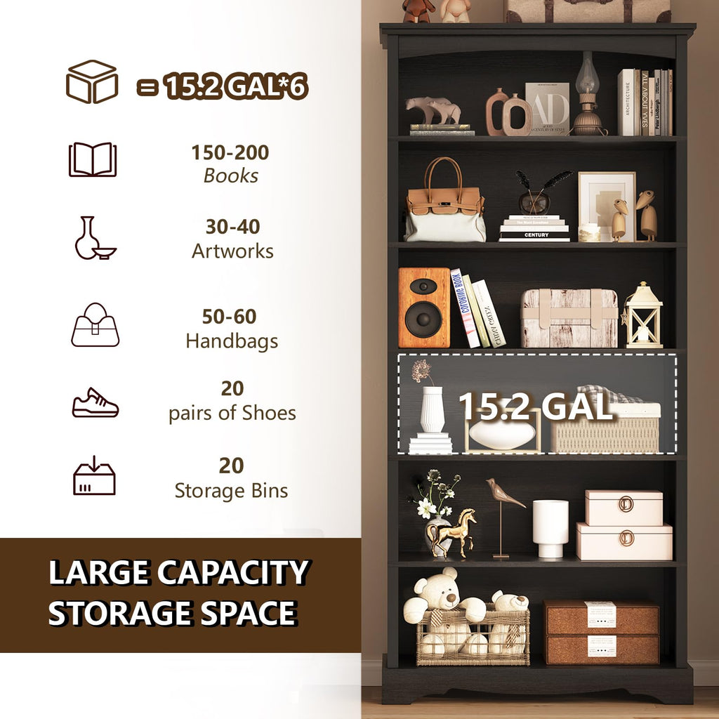6-Tier Wooden Bookshelf, 76 Inch Tall Bookshelf with Storage, Floor Standing Modern Style Display Bookcase, Study