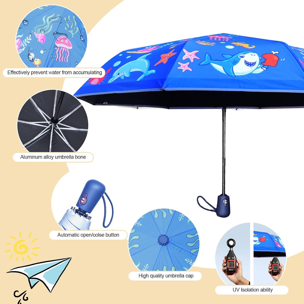 Kids Automatic Umbrella with Cartoon Print & Reflective Strip,easy One-Button Open Close, UPF 50+ Sun & Wind