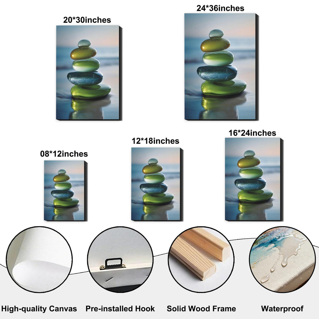 Framed Stacked Glossy Beach Stone Canvas Art, Soft Ocean Background Canvas Prints Pictures, relaxing wall decor