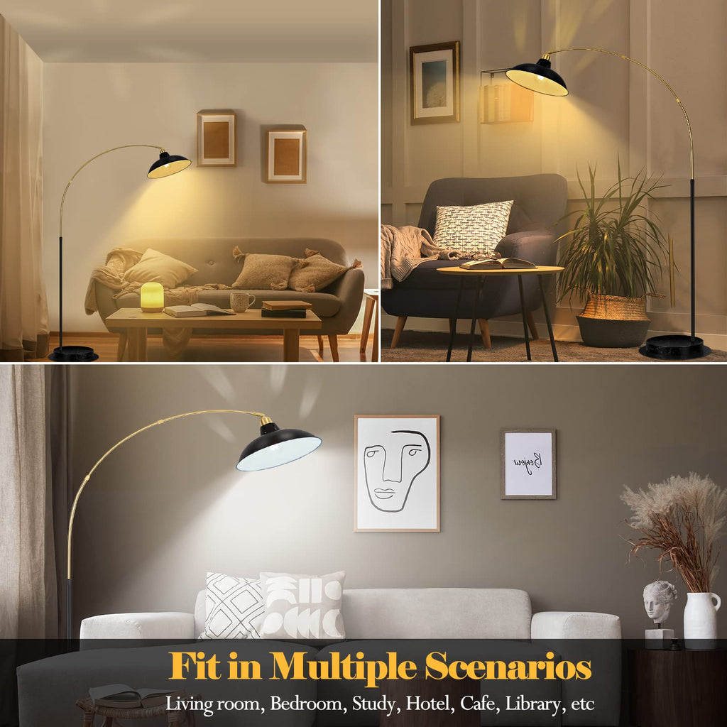 Modern Black Arc Floor Lamp with Marble Base, Adjustable 67-77"