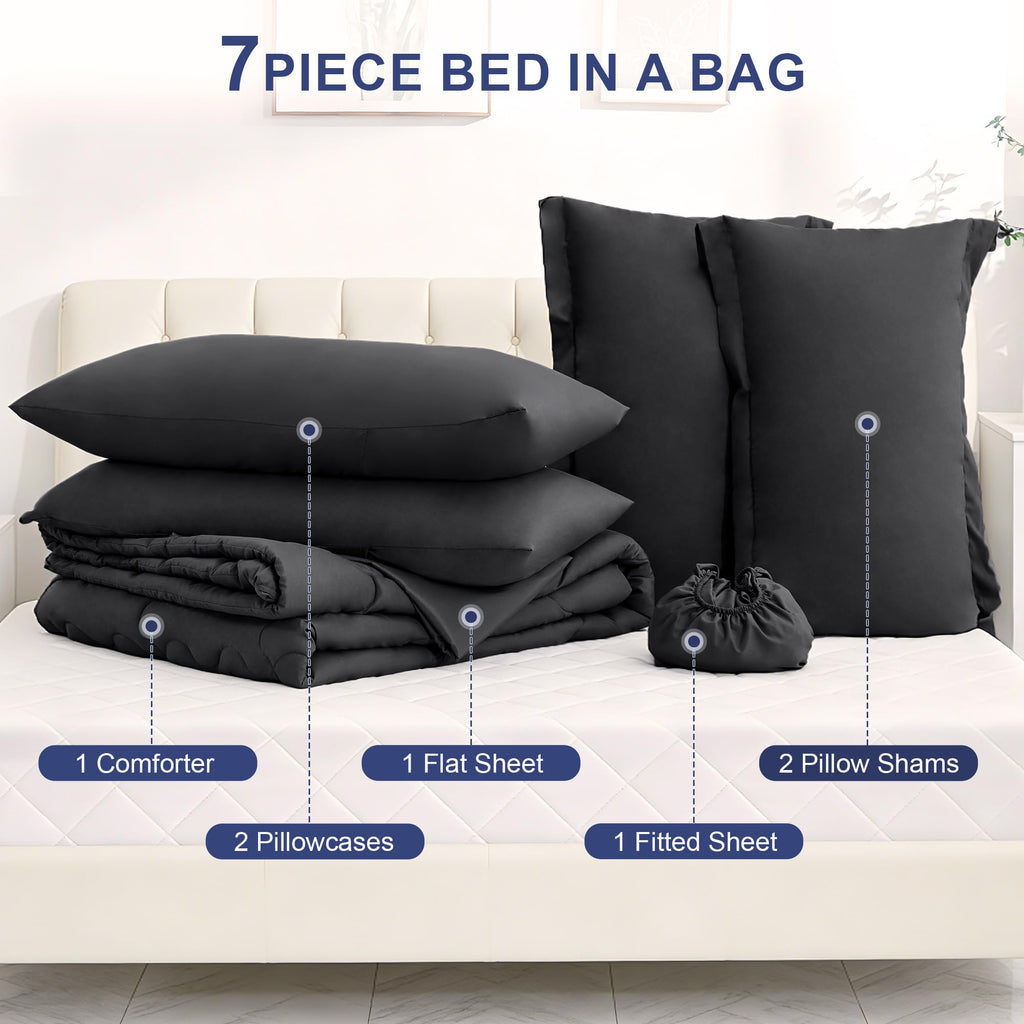 Black Comforter Set, Wavy Check Pattern, 7 Pieces