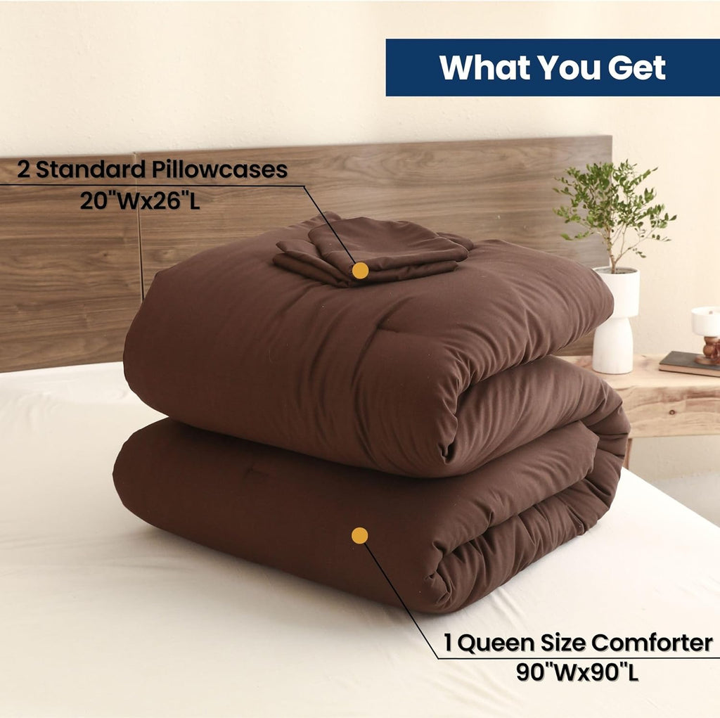 Paxrac Earthy Brown Comforter Queen, Neutral 3 Pieces Comforter Set, Lightweight Solid Bedding Set