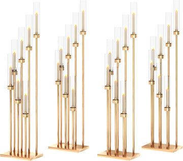 4 Pcs 46.5" Floor Candelabra 7 Arms - Gold Metal Candle Holder Stand with Acrylic Lampshades, Long Candle Sticks