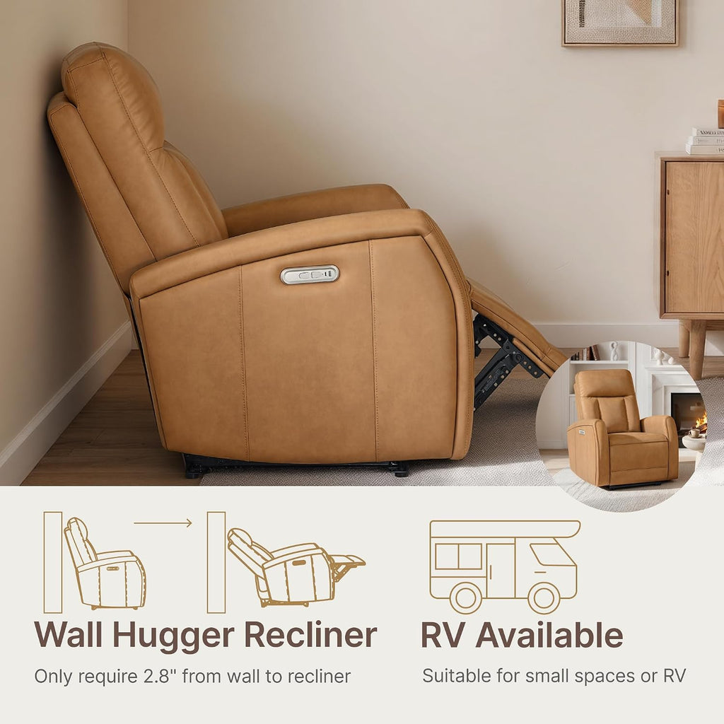 Wall Hugger Power Recliner Chair with USB & Type-C Ports Faux Leather Recliner 135° Reclining Small Space Electric