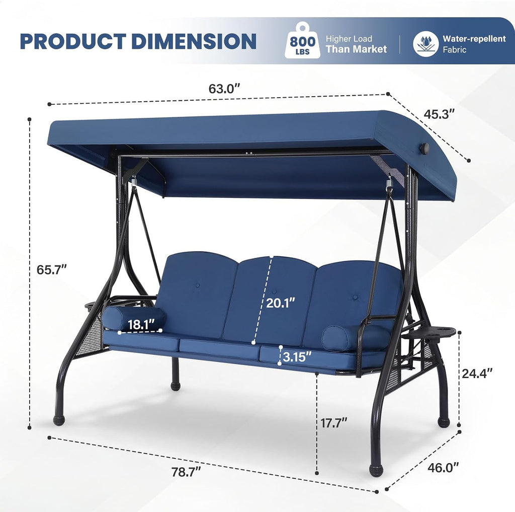 3 Seat Outdoor Porch Swing with Adjustable Canopy,2 in 1 Patio Swing Bed with Stand 800lbs for Adults,Outdoor Swing